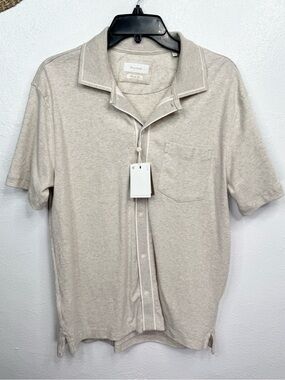 Porter & Ash Men's Button-Up Shirt Size M Beige Tan Short Sleeve Knit